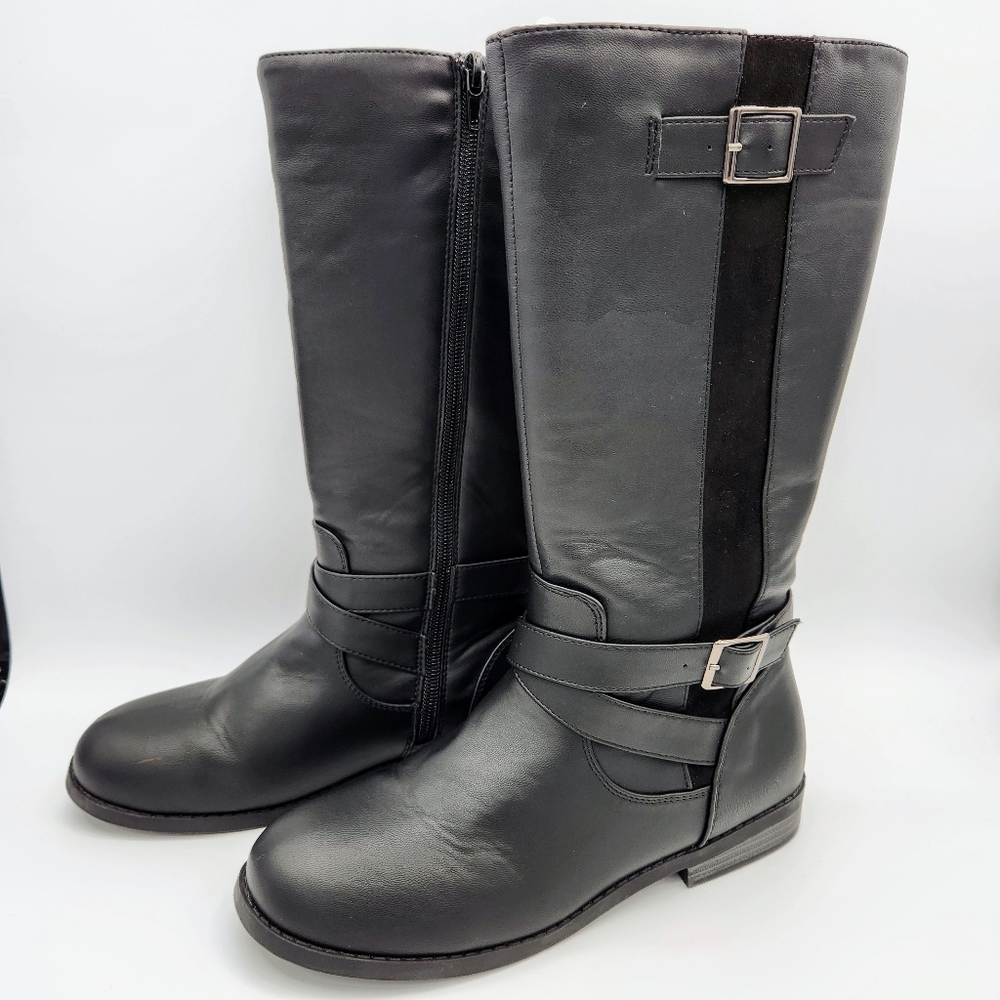 Girls Size 4 Black Mid Calf Boots- Full Zip- Faux leather